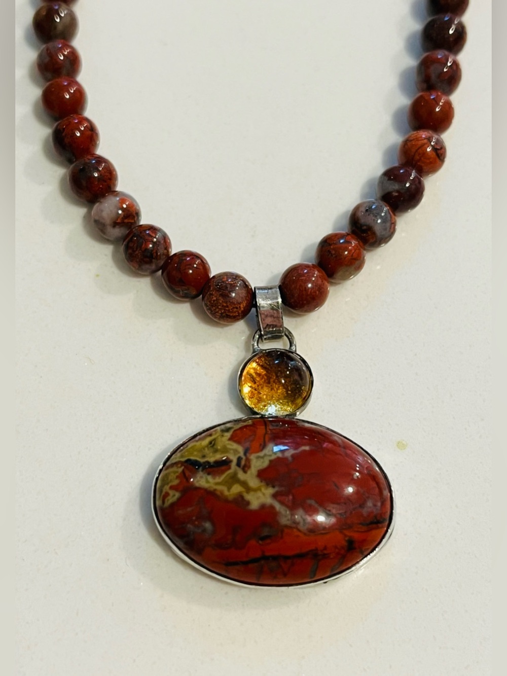 Red Agate & Baltic Beaded Necklace With Pendant 20”